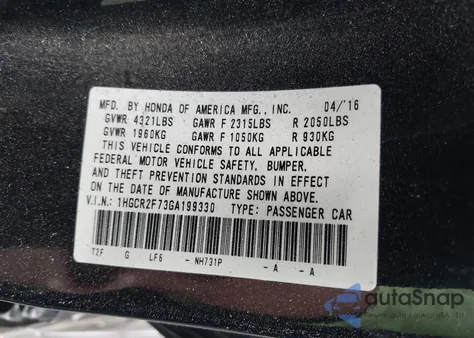 2016 Honda Accord Ex из США, поврежденный, VIN 1HGCR2F73GA199330